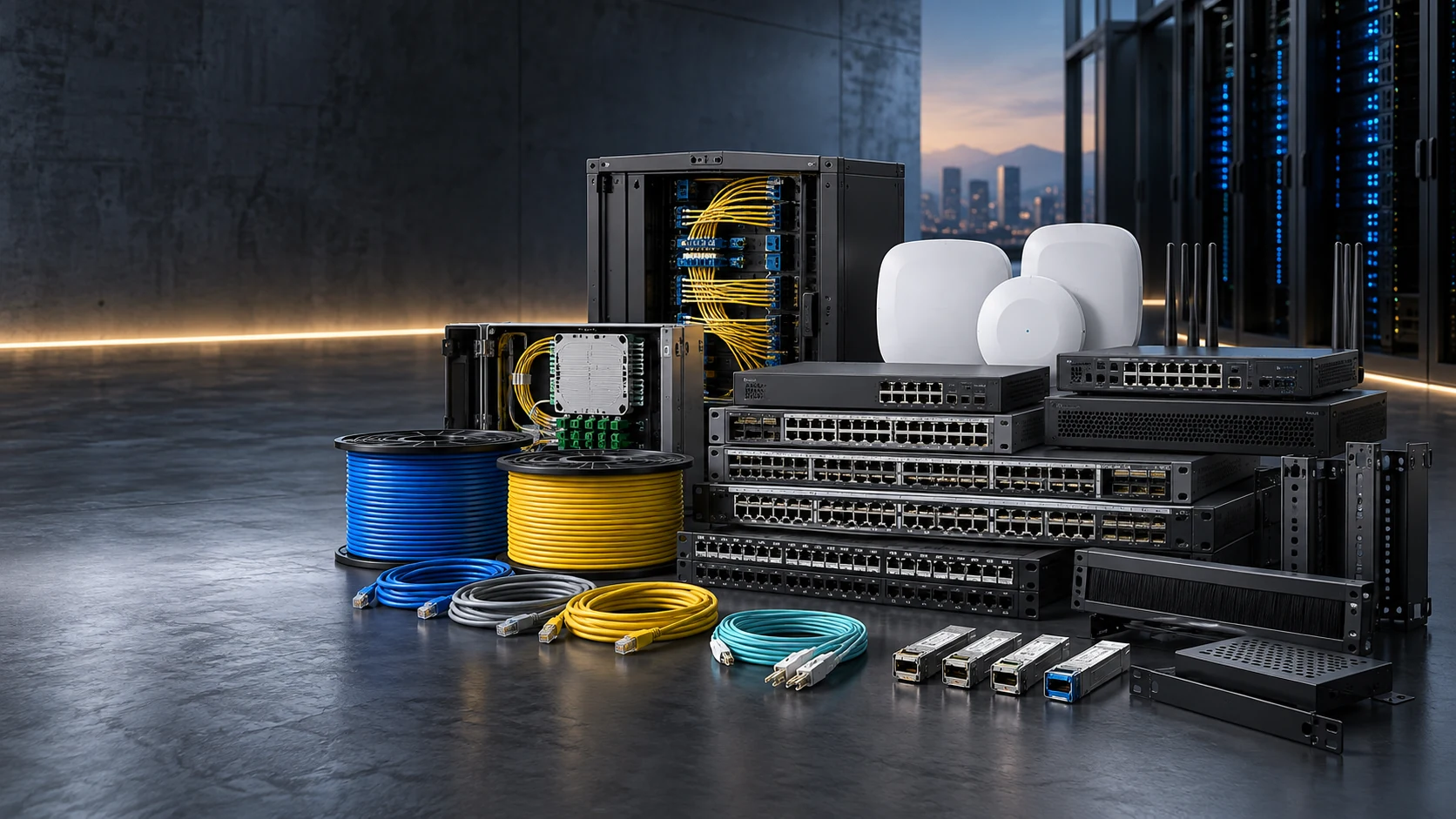 Network hardware and cabling, clearly connected.